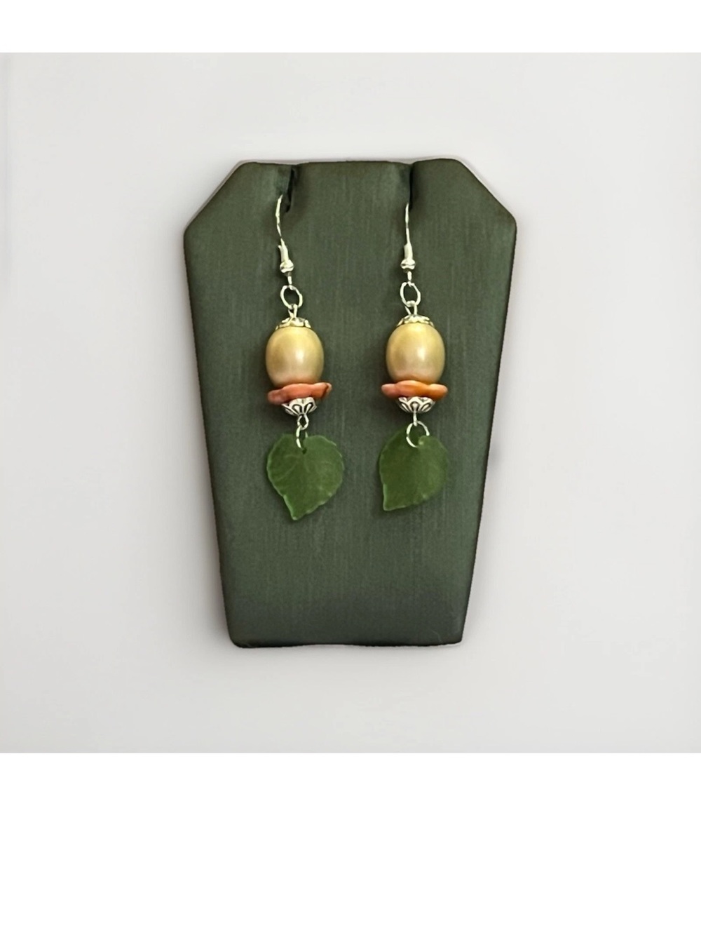 Handcrafted Green Glass Leaf Drop Earrings Floral Bead Dangle Silver Fall Vibe